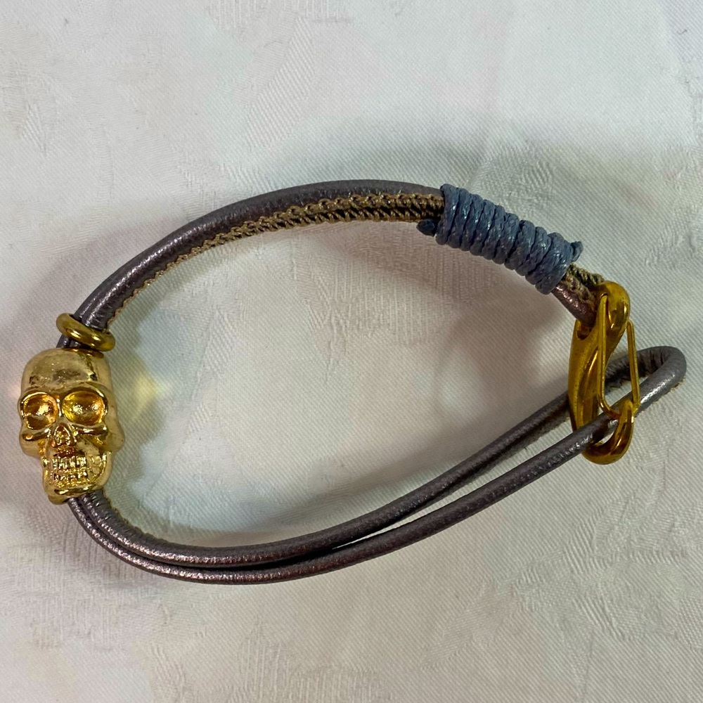 SKULL LEATHER BRACELET - gold skull bead and gray double strand bracelet